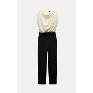 Zara Crepe Jumpsuit L Black White Drape Neck Straight Leg W Belt New Size M